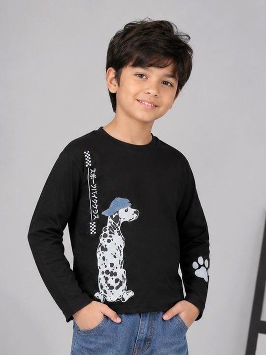 Kiddopanti Boys Cotton Knit Drop Shoulder Full Sleeves Graphic Printed T-Shirt
