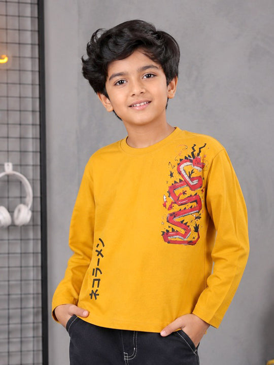 Kiddopanti Boys Cotton Knit Drop Shoulder Full Sleeves Graphic Printed T-Shirt
