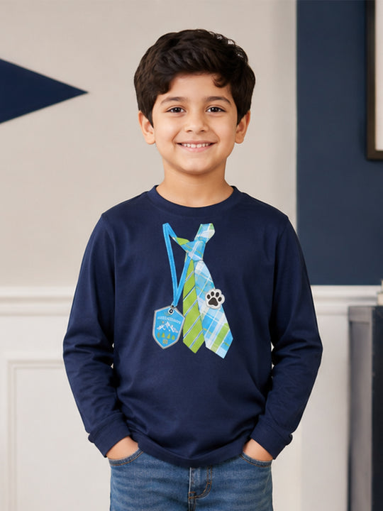 Kiddopanti Boys Cotton Knit Drop Shoulder Full Sleeves Graphic Printed T-Shirt