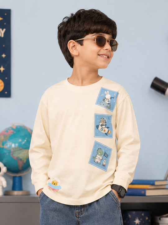 Kiddopanti Boys Cotton Knit Drop Shoulder Full Sleeves Graphic Printed T-Shirt