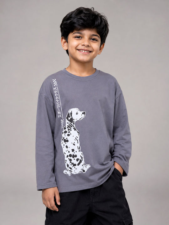 Kiddopanti Boys Cotton Knit Drop Shoulder Full Sleeves Graphic Printed T-Shirt