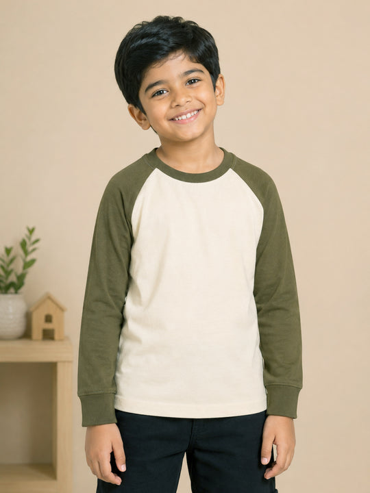 Kiddopanti Boys Cotton Raglan Full Sleeves Solid T-Shirt