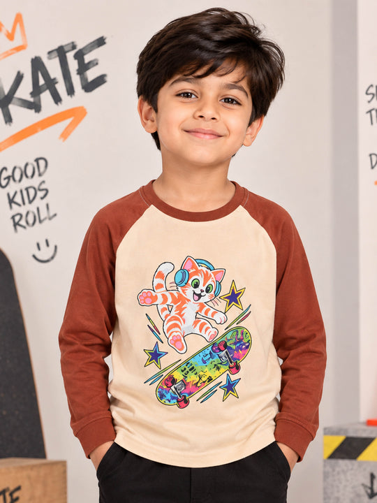 Kiddopanti Boys Cotton Raglan Full Sleeves Graphic Printed T-Shirt