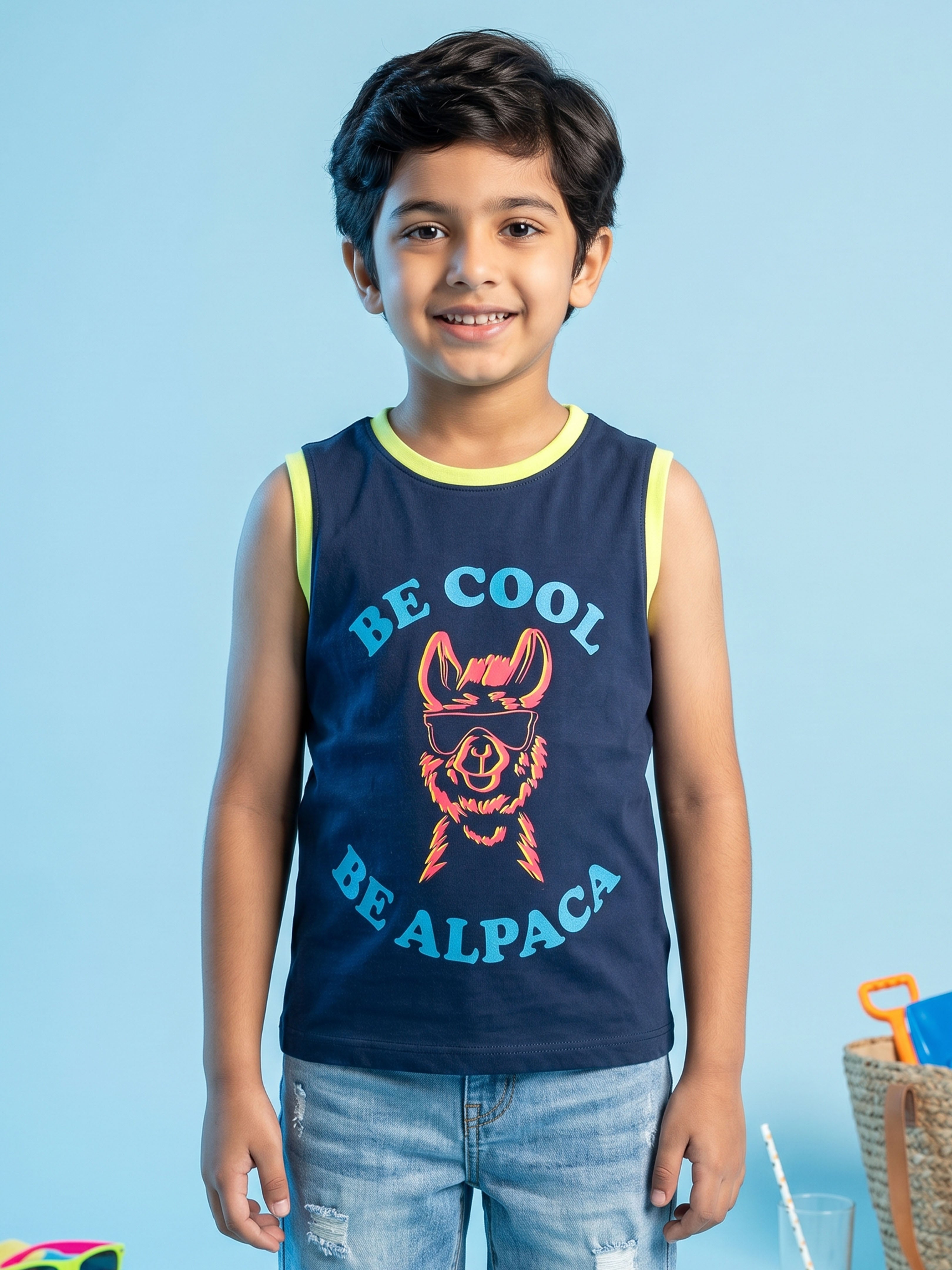 Kiddopanti Boys Cotton Knit Sleeveless Cool Chest Printed T-shirt
