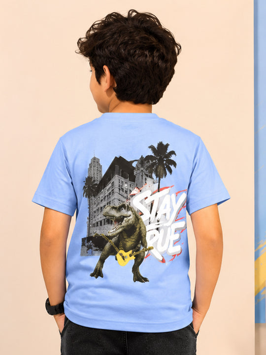 Kiddopanti Boys Cotton Knit Stay True & Back Dinosour Printed T-Shirt