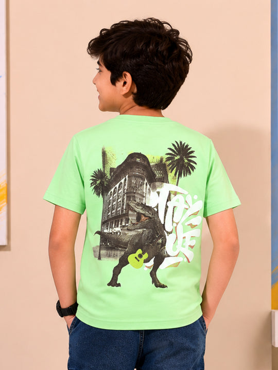 Kiddopanti Boys Cotton Knit Stay True & Back Dinosour Printed T-Shirt