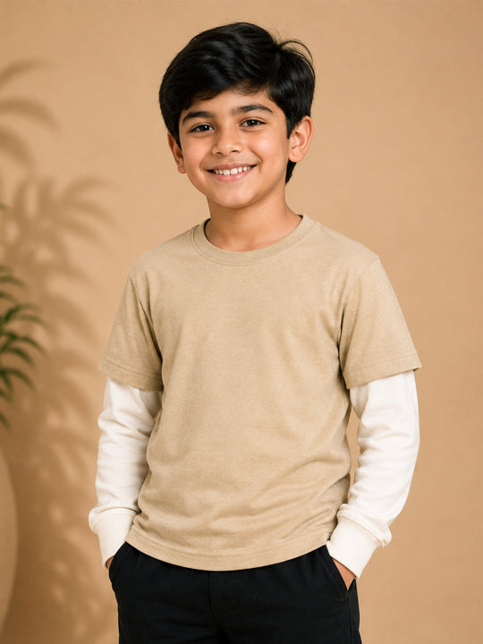 Kiddopanti Boys Cotton Doctor Sleeve Layered Look Full Sleeve Loop Knit T-Shirt