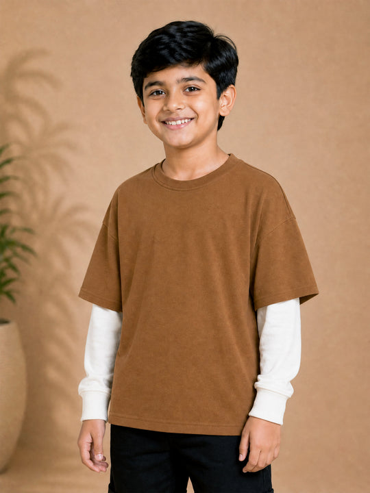 Kiddopanti Boys Cotton Doctor Sleeve Layered Look Full Sleeve Loop Knit T-Shirt