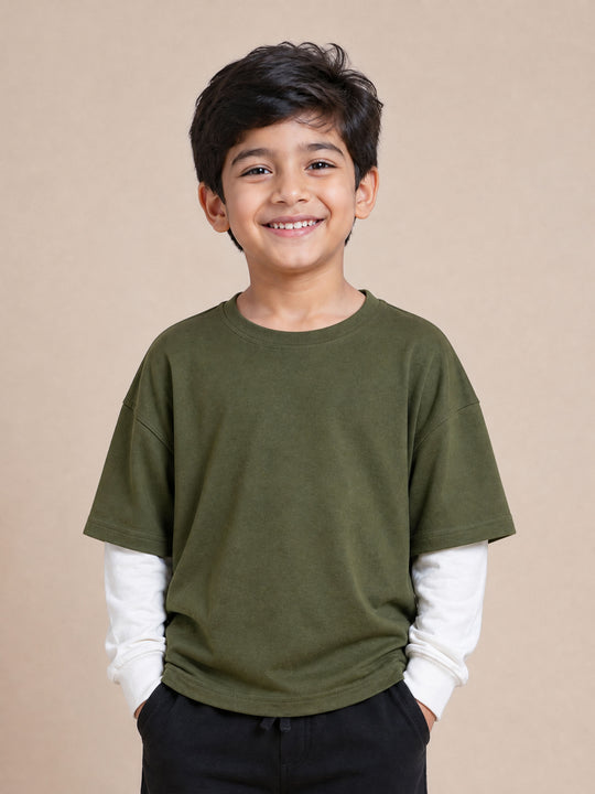 Kiddopanti Boys Cotton Doctor Sleeve Layered Look Full Sleeve Loop Knit T-Shirt