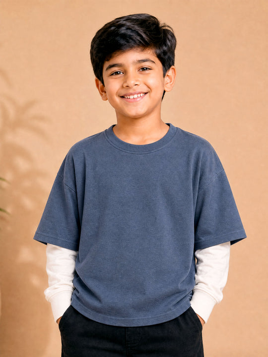 Kiddopanti Boys Cotton Doctor Sleeve Layered Look Full Sleeve Loop Knit T-Shirt