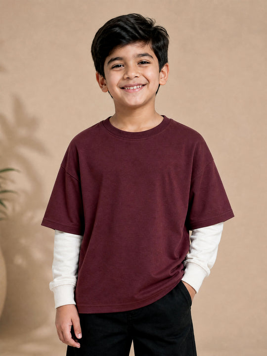 Kiddopanti Boys Cotton Doctor Sleeve Layered Look Full Sleeve Loop Knit T-Shirt