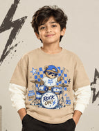 Kiddopanti Boys & Girls Cotton Blend Doctor Sleeve Graphic Printed T-Shirt - Beige Rock On Drummer Bear / 1-2Y