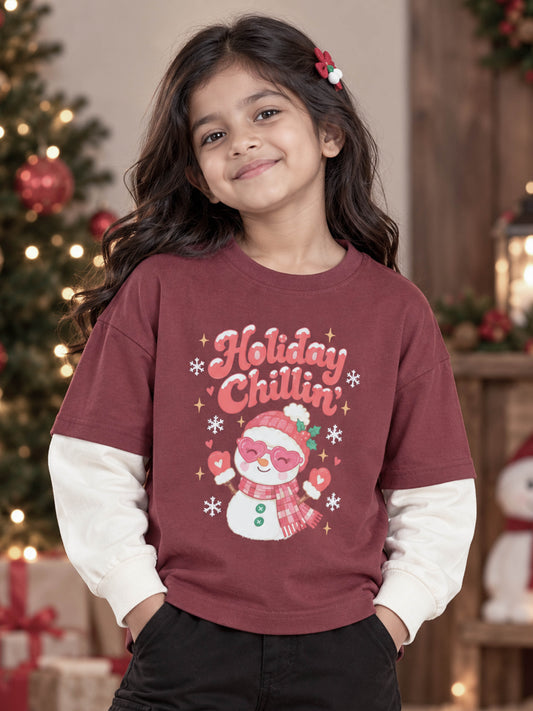 Kiddopanti Girls Cotton Blend Doctor Sleeve Holiday Chillin Printed Loop T-Shirt