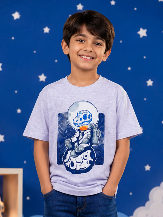 Kiddopanti Boys Drop Shoulder Astro Dino Space Explorer Graphic Printed T-shirt
