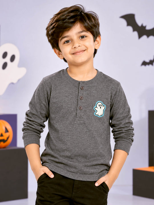 Kiddopanti Boys Cotton Full Sleeves Graphic Printed Henley Neck Rib T-Shirt