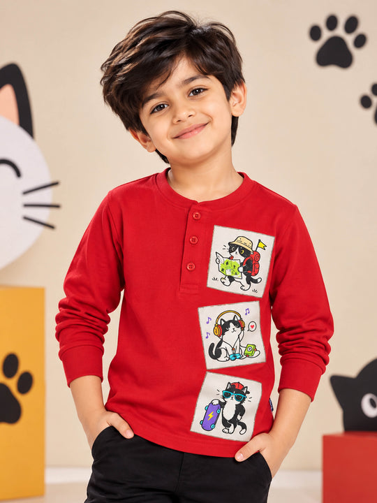 Kiddopanti Boys Cotton Full Sleeves Graphic Printed Henley Neck Rib T-Shirt