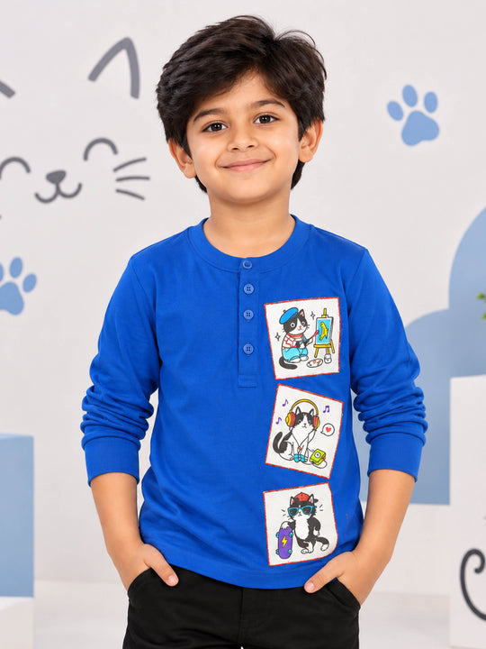 Kiddopanti Boys Cotton Full Sleeves Graphic Printed Henley Neck Rib T-Shirt
