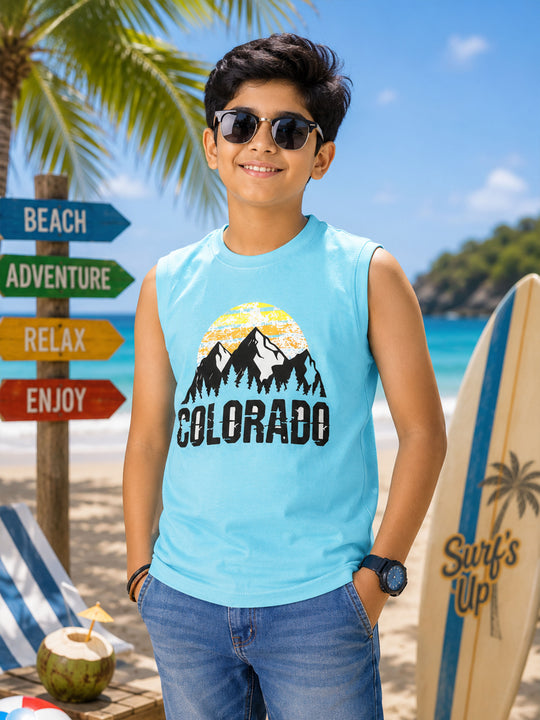Kiddopanti Boys Cotton Knit Sleeveless Graphic Printed T-shirt