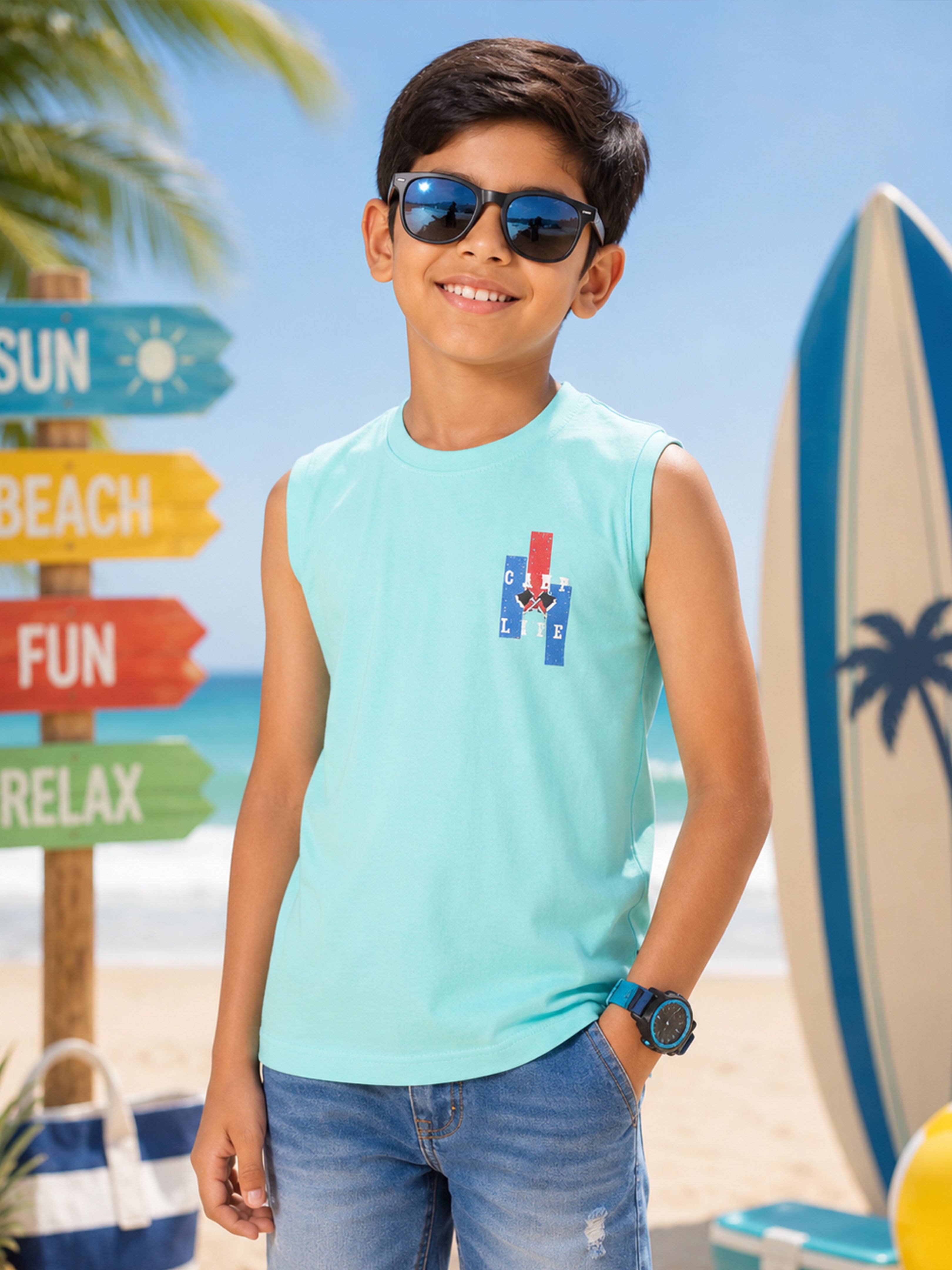 Kiddopanti Boys Cotton Knit Sleeveless Graphic Printed T-shirt