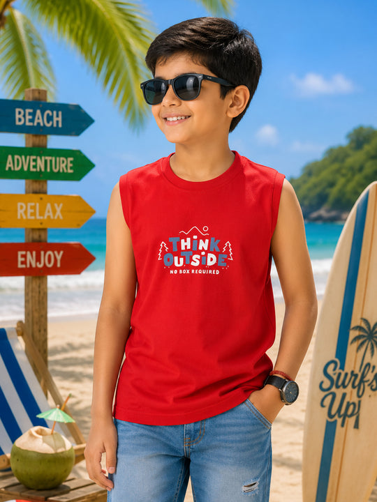 Kiddopanti Boys Cotton Knit Sleeveless Graphic Printed T-shirt