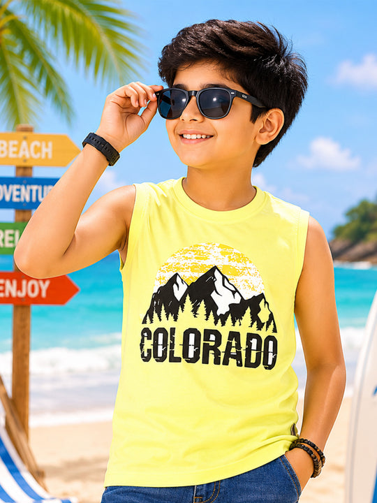 Kiddopanti Boys Cotton Knit Sleeveless Graphic Printed T-shirt