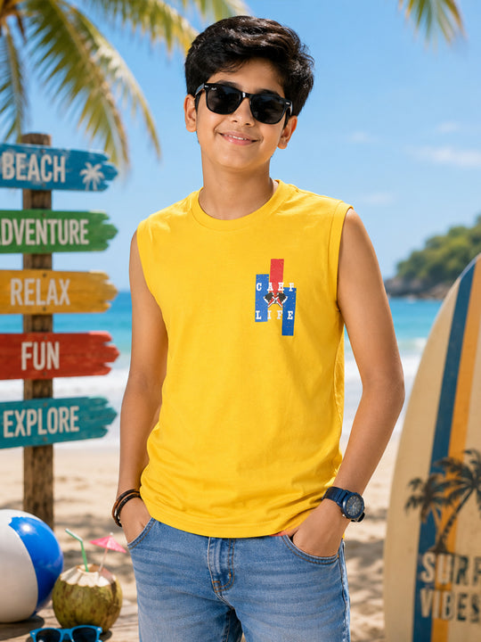 Kiddopanti Boys Cotton Knit Sleeveless Graphic Printed T-shirt