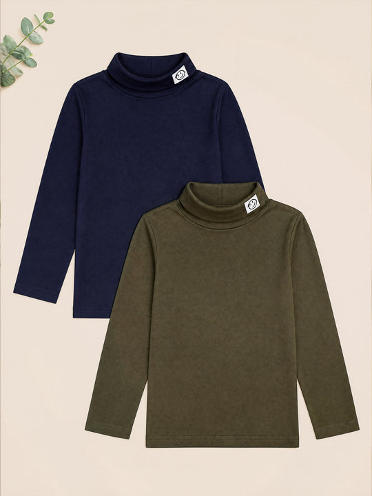 Kiddopant Pack of 2 Cotton Knit Full Sleeves Turtleneck T Shirt With Smiley Patch