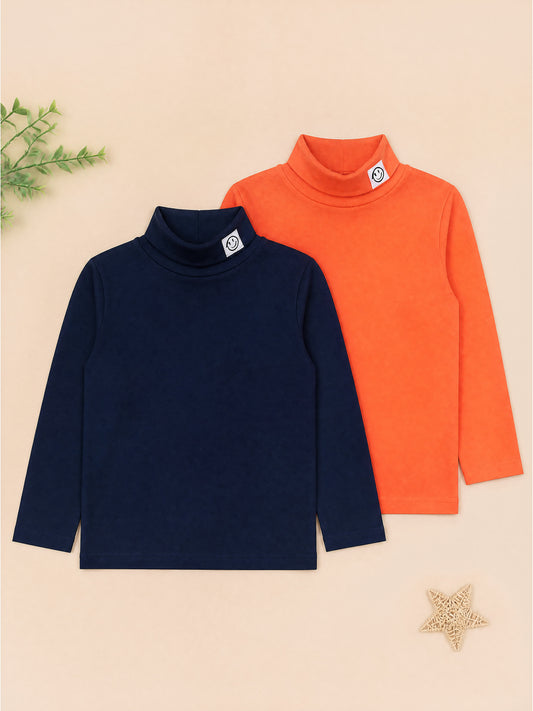 Kiddopant Pack of 2 Cotton Knit Full Sleeves Turtleneck T Shirt With Smiley Patch