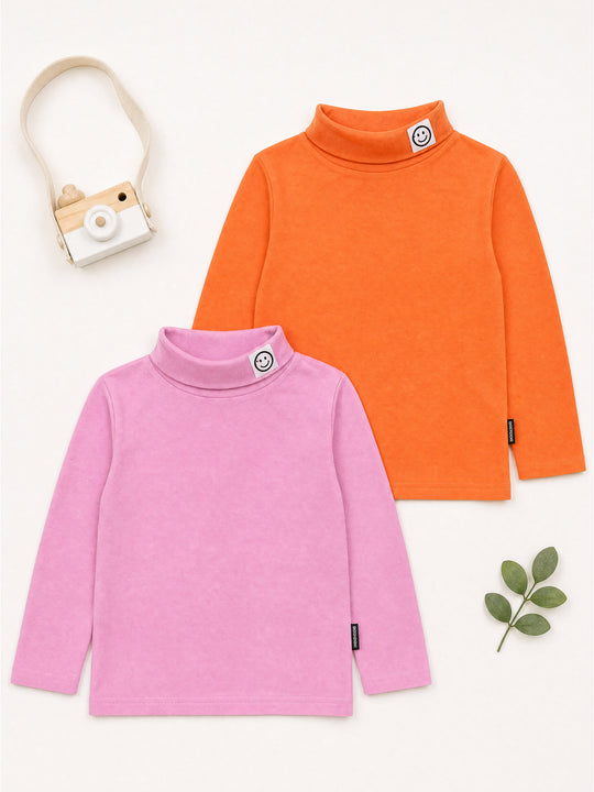 Kiddopant Pack of 2 Cotton Knit Full Sleeves Turtleneck T Shirt With Smiley Patch