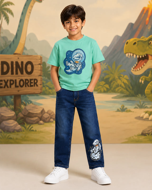 Kiddopanti Boys Cotton Drop Shoulder Half Sleeves Graphic T-Shirt With Denim Jeans Co-ord Set