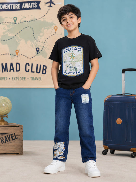 Kiddopanti Boys Cotton Drop Shoulder Half Sleeves Graphic T-Shirt With Denim Jeans Co-ord Set