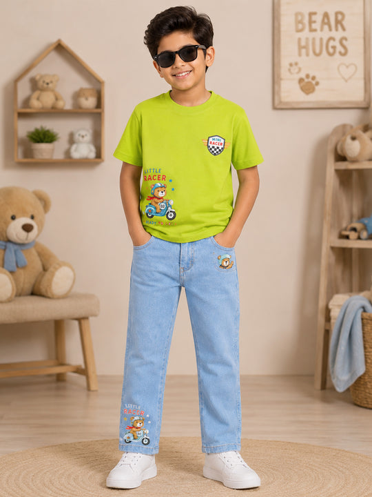 Kiddopanti Boys Cotton Drop Shoulder Half Sleeves Graphic T-Shirt With Denim Jeans Co-ord Set