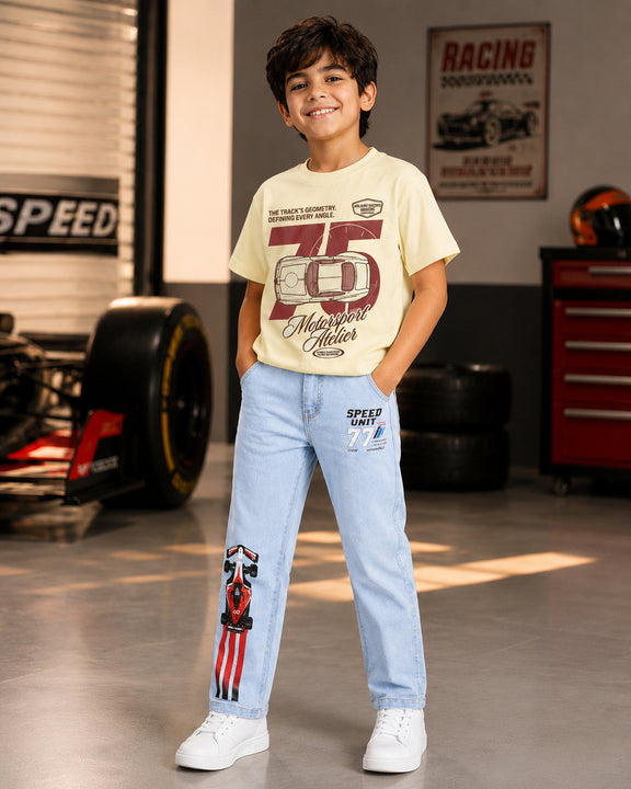 Kiddopanti Boys Cotton Drop Shoulder Half Sleeves Graphic T-Shirt With Denim Jeans Co-ord Set