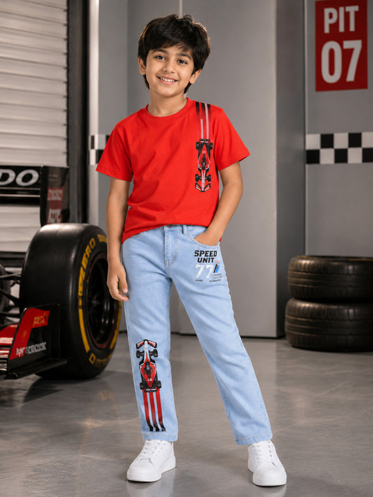 Kiddopanti Boys Cotton Drop Shoulder Half Sleeves Graphic T-Shirt With Denim Jeans Co-ord Set