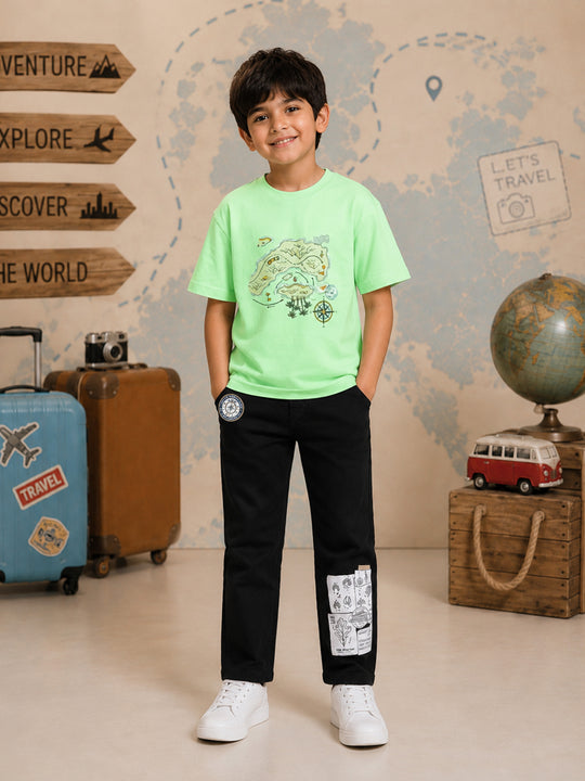 Kiddopanti Boys Cotton Drop Shoulder Half Sleeves Graphic T-Shirt With Denim Jeans Co-ord Set