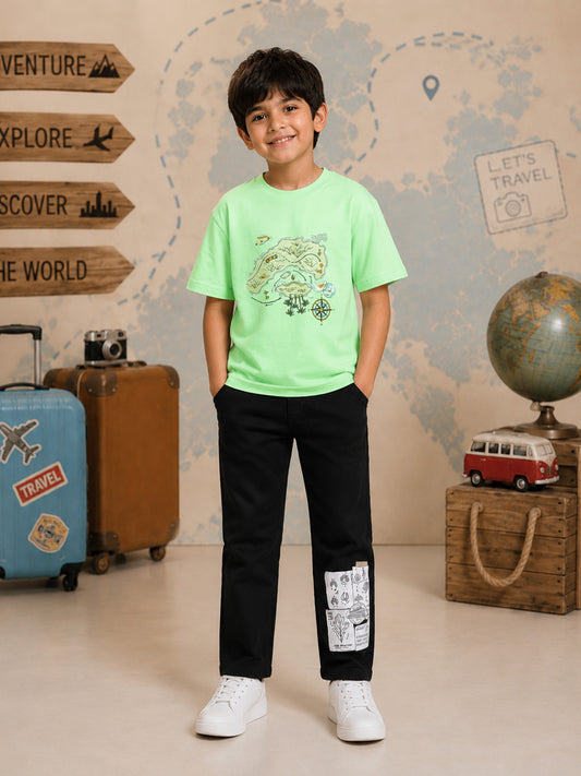 Kiddopanti Boys Cotton Drop Shoulder Half Sleeves Graphic T-Shirt With Denim Jeans Co-ord Set