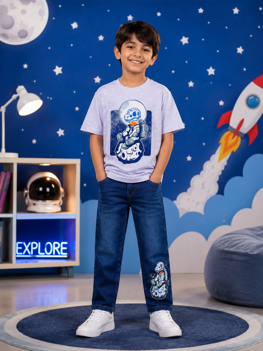 Kiddopanti Boys Cotton Drop Shoulder Half Sleeves Graphic T-Shirt With Denim Jeans Co-ord Set