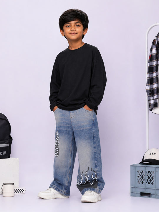 Kiddopanti Boys Cotton Drop Shoulder Full Sleeves T-Shirt with Baggy Fit Denim Printed Jeans Co-ord Set
