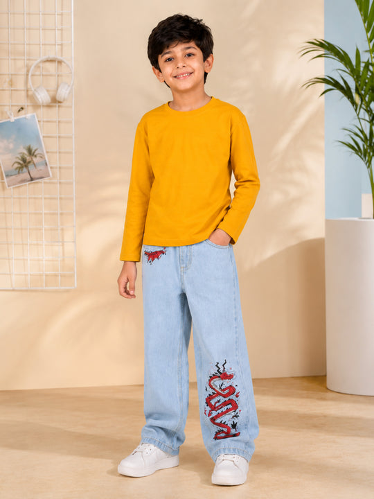 Kiddopanti Boys Cotton Drop Shoulder Full Sleeves T-Shirt with Baggy Fit Denim Printed Jeans Co-ord Set