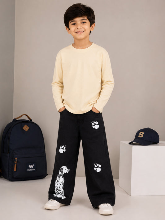 Kiddopanti Boys Cotton Drop Shoulder Full Sleeves T-Shirt with Baggy Fit Denim Printed Jeans Co-ord Set