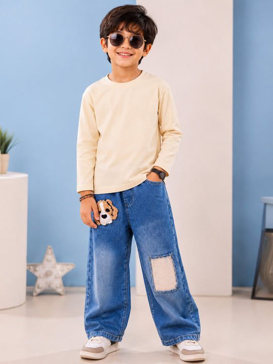 Kiddopanti Boys Cotton Drop Shoulder Full Sleeves T-Shirt with Baggy Fit Denim Printed Jeans Co-ord Set