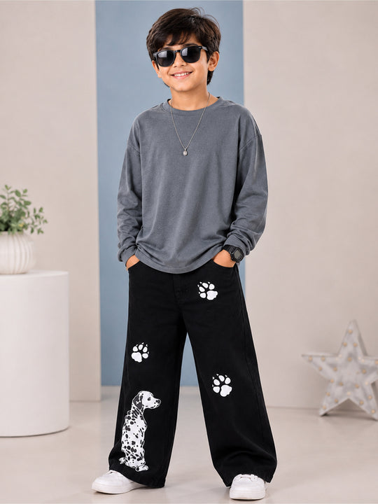 Kiddopanti Boys Cotton Drop Shoulder Full Sleeves T-Shirt with Baggy Fit Denim Printed Jeans Co-ord Set