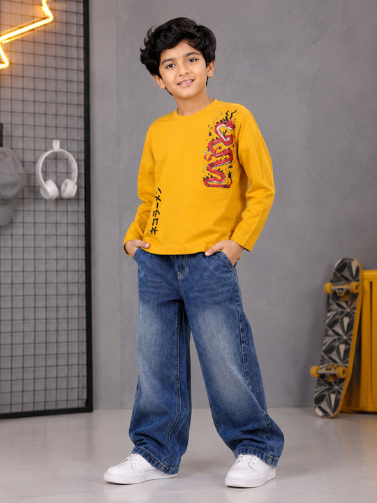 Kiddopanti Boys Cotton Knit Graphic Drop Shoulder Full Sleeve T-Shirt & Baggy Fit Denim Jeans Co-ord Set