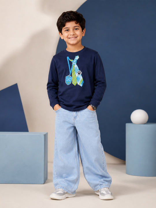 Kiddopanti Boys Cotton Knit Graphic Drop Shoulder Full Sleeve T-Shirt & Baggy Fit Denim Jeans Co-ord Set