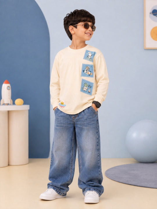 Kiddopanti Boys Cotton Knit Graphic Drop Shoulder Full Sleeve T-Shirt & Baggy Fit Denim Jeans Co-ord Set