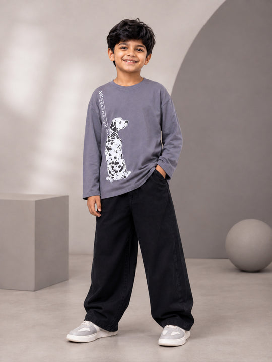 Kiddopanti Boys Cotton Knit Graphic Drop Shoulder Full Sleeve T-Shirt & Baggy Fit Denim Jeans Co-ord Set