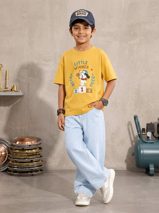 Kiddopanti Boys Cotton Knit Half Sleeves Graphic T-Shirt with Baggy Fit Denim Jeans Co-ord Set