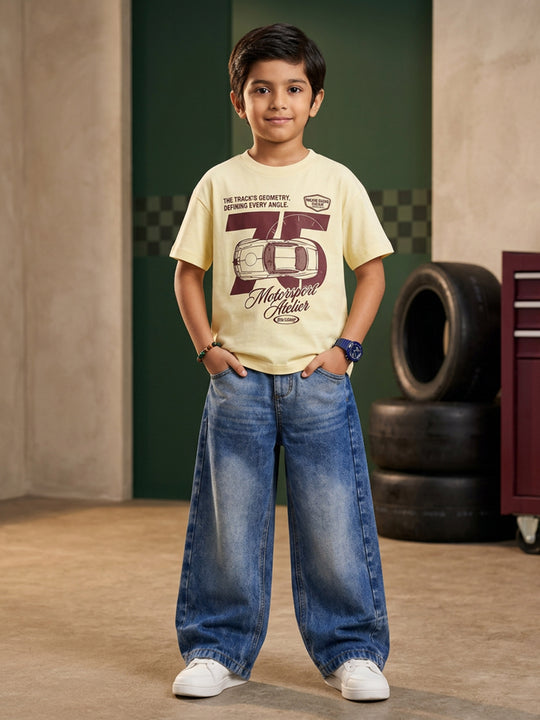 Kiddopanti Boys Cotton Knit Half Sleeves Graphic T-Shirt with Baggy Fit Denim Jeans Co-ord Set