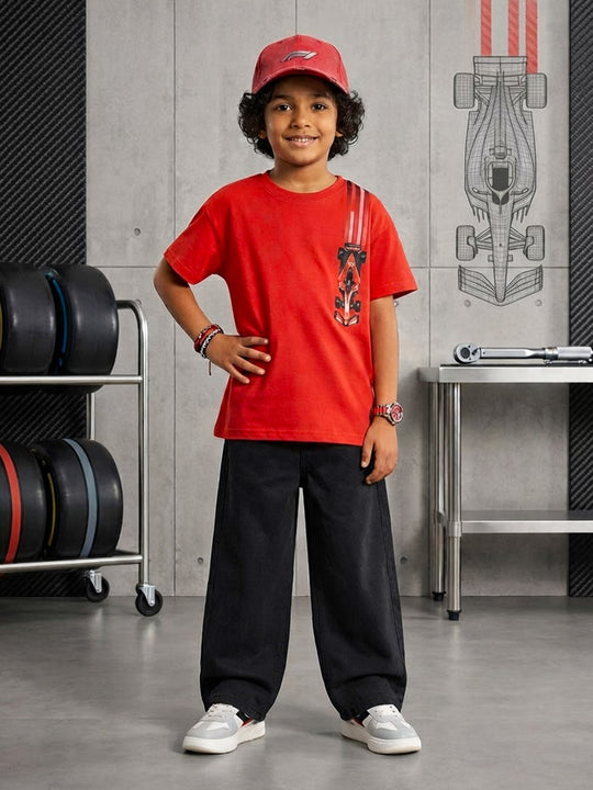 Kiddopanti Boys Cotton Knit Half Sleeves Graphic T-Shirt with Baggy Fit Denim Jeans Co-ord Set