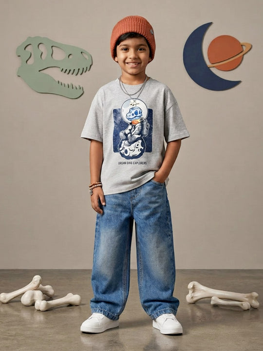 Kiddopanti Boys Cotton Knit Half Sleeves Graphic T-Shirt with Baggy Fit Denim Jeans Co-ord Set